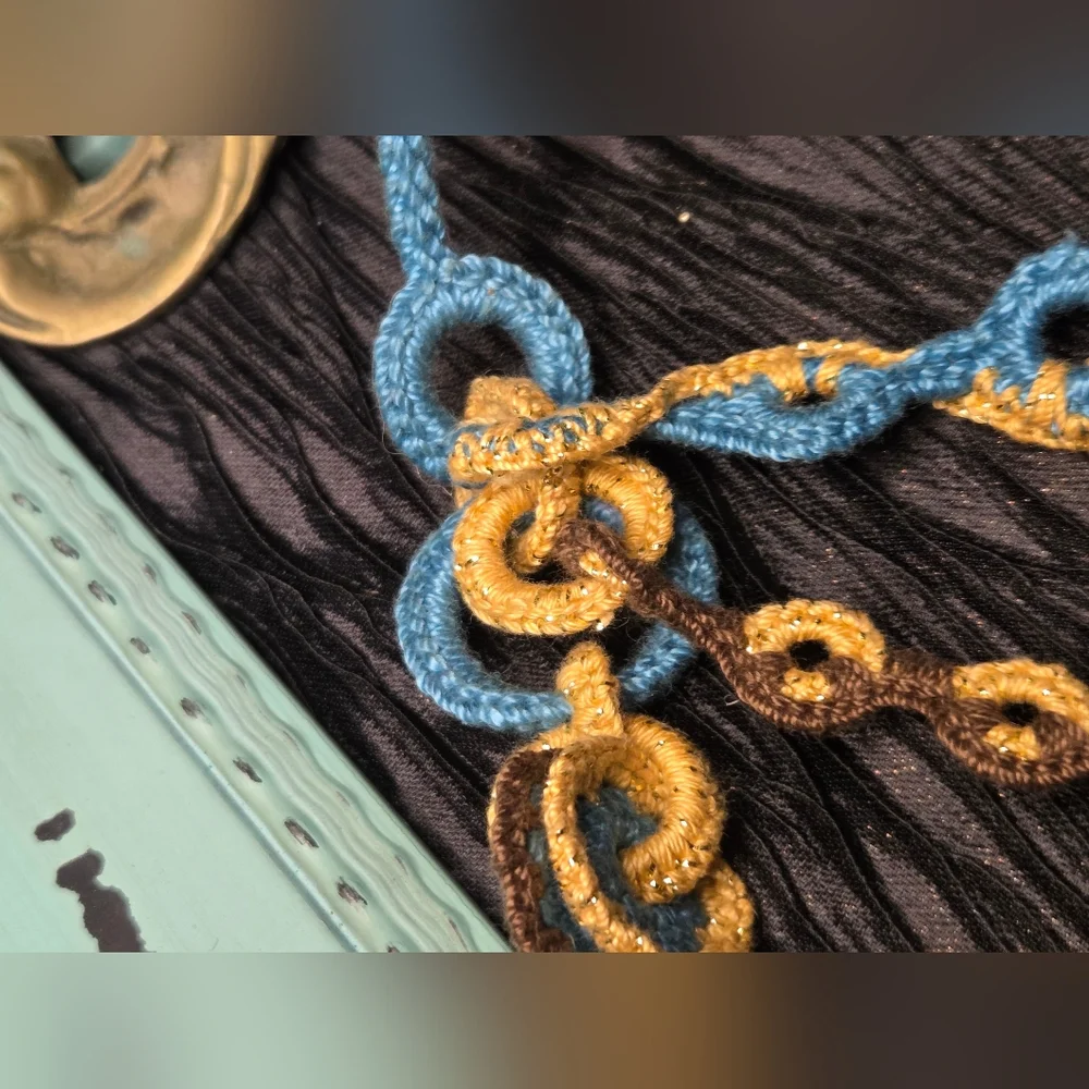 Handcrafted Blue and Gold Crochet Necklace - Picture 8 of 9